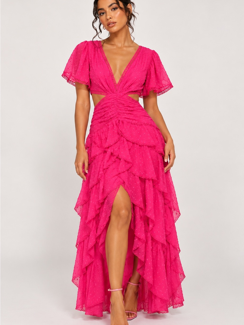 Fuchsia Ruffled V-Neck Maxi Dress - Picture 4 of 7